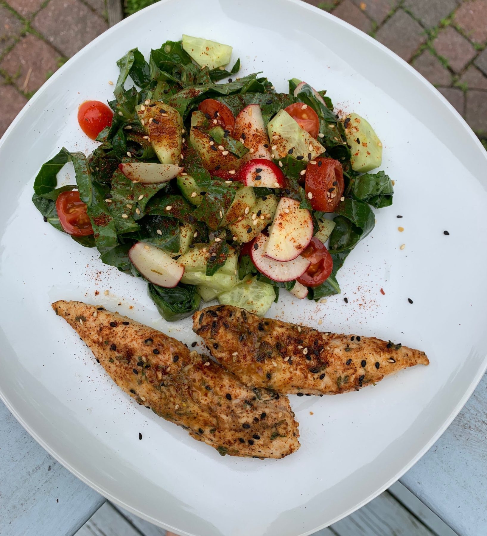 Sesame Broiled Chicken with Sweet Mustard Collard Green Salad