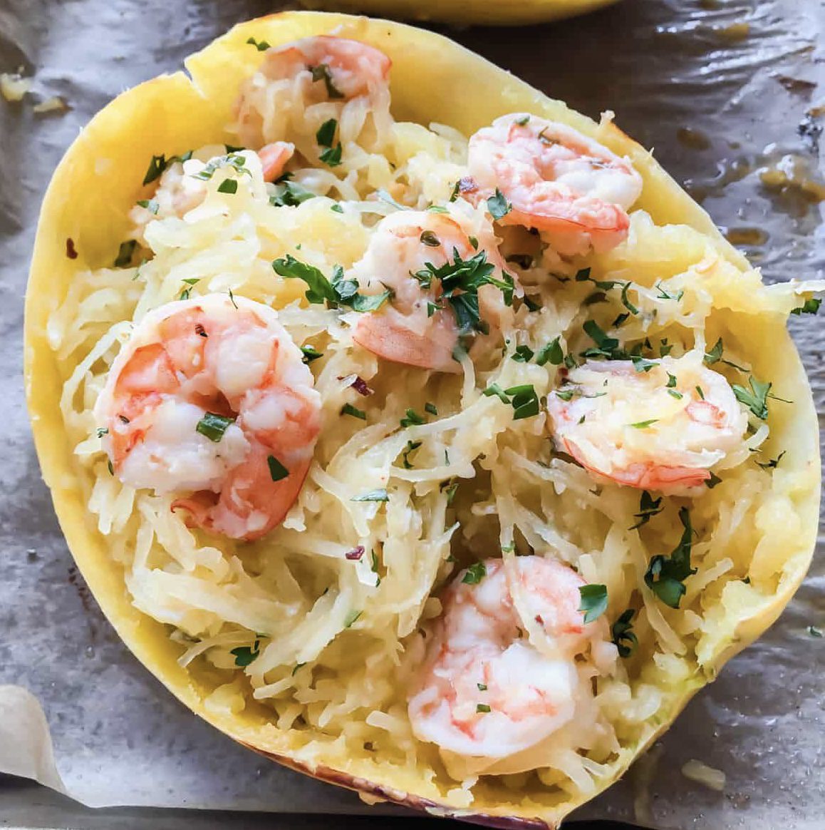 Roasted Spaghetti Squash with Sautéed Shrimp