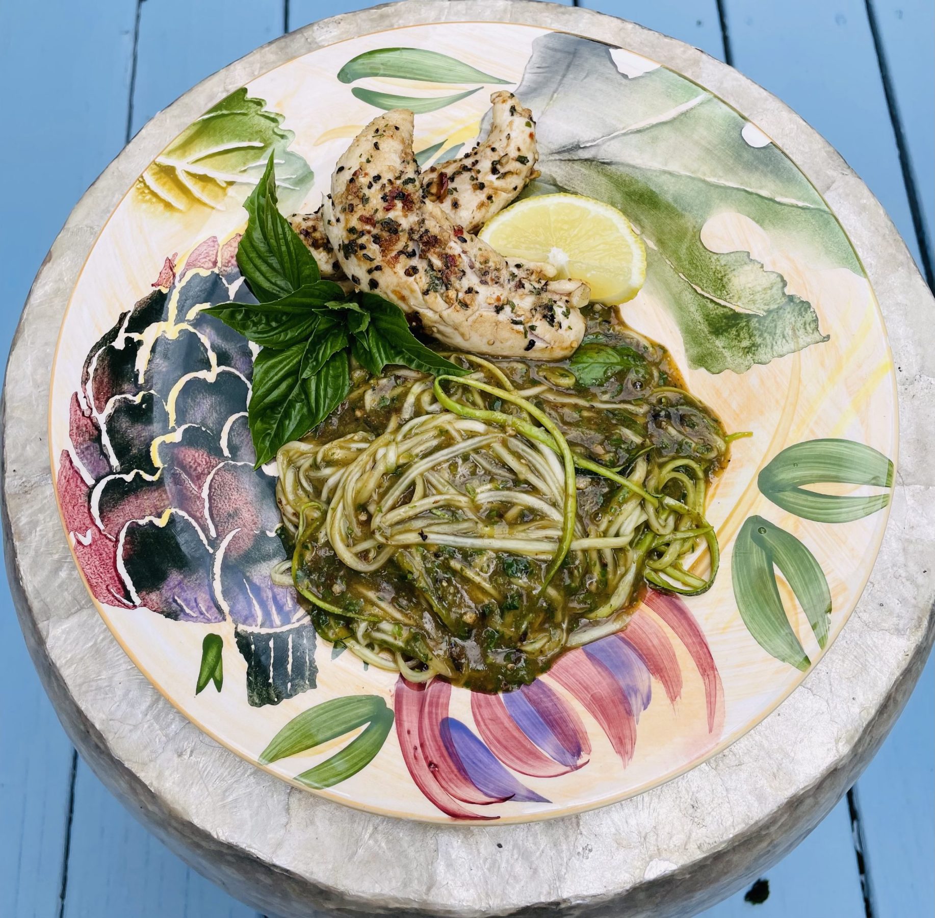 Tuscan Chicken over Pesto Zoodles