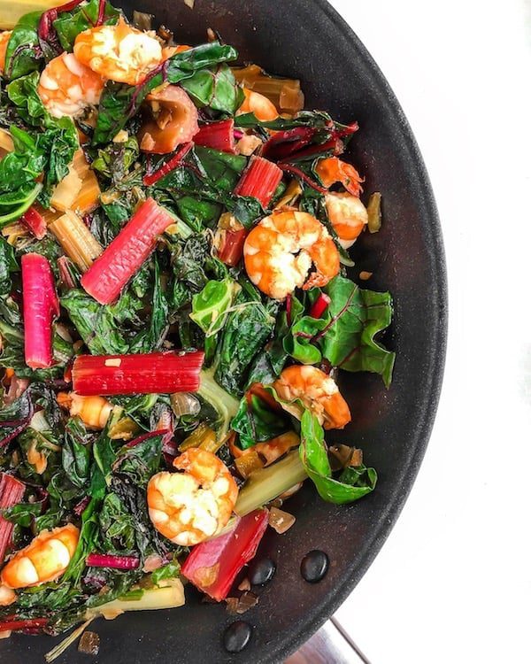 Shrimp Saute with Mint, Parsley, and Cilantro over Rainbow Swiss Chard